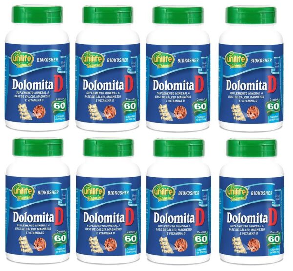 Kit 8 Dolomita D Cálcio Magnésio Vitamina D - Unilife 60 Cps